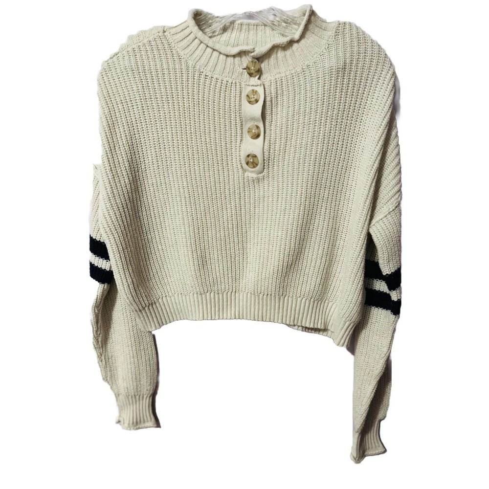 American Eagle Creme Button Front Blue Stripe Sleeve Cropped Cardigan SZ S